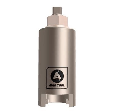 Herramienta cilíndrica metálica con encastre hexagonal y abertura lateral para acople de tuercas o componentes mecánicos.