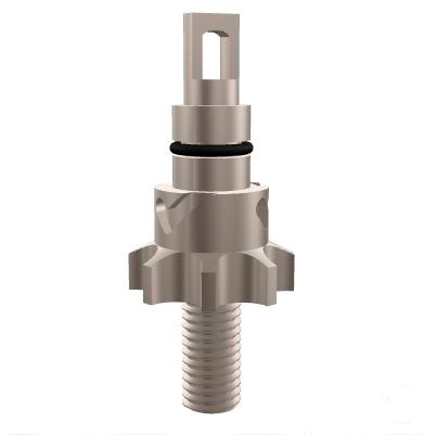 Eje pequeño con engranaje y rosca en la base.