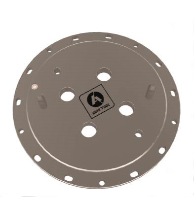 Placa metálica circular con orificios y dos pasadores verticales, utilizada como herramienta de alineación o montaje industrial, marca Avio Tool.